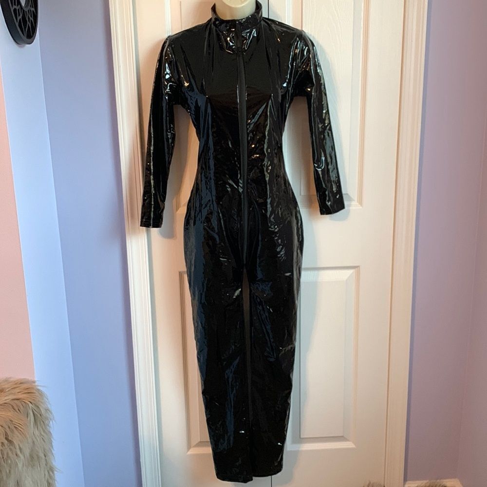 Slick Plastic Jumpsuit Romper Bodysuit Costume Cosplay Halloween S black